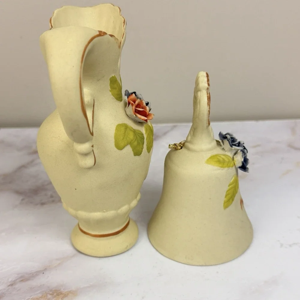 Flambro Porcelain Floral Pitcher Vase Bell Applied Roses Vintage Cottagecore Dec